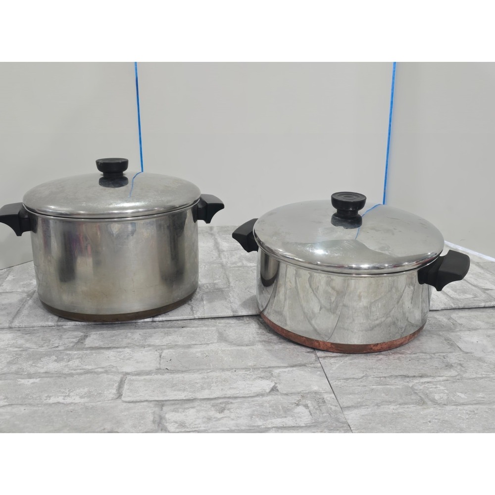 VTG 4 Piece 1960s Revere Ware 1801 Copper Bottom 6QT & 4 1/2QT Stock Pot w/lids